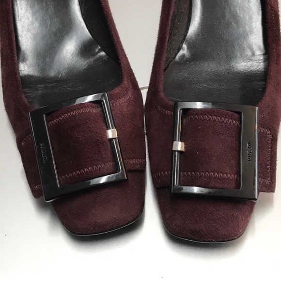 Prada Italy plum burgundy Suede Kitten Heels 37 IT pumps buckle vintage *read - Picture 1 of 17